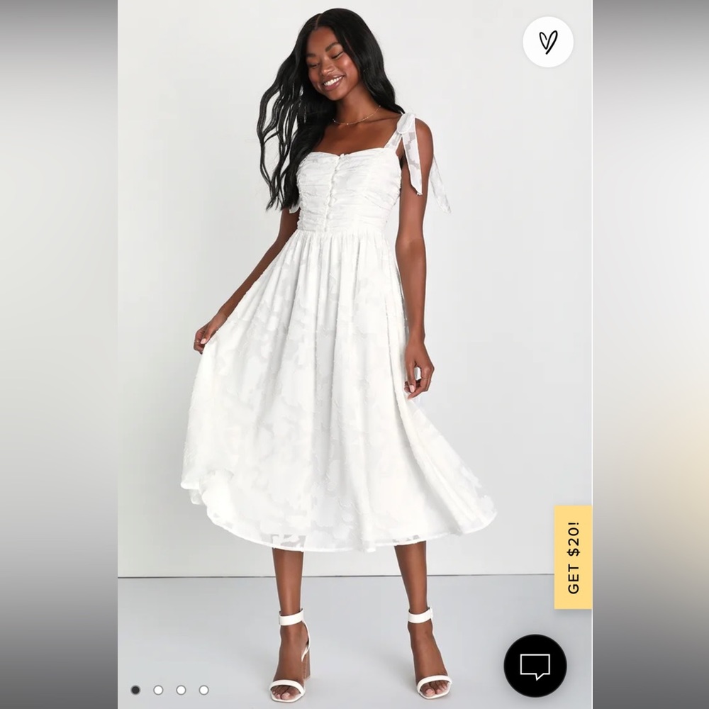 Lulu’s Radiant Delight White Burnout Ruched Tie-Strap Midi Dress. Size small.